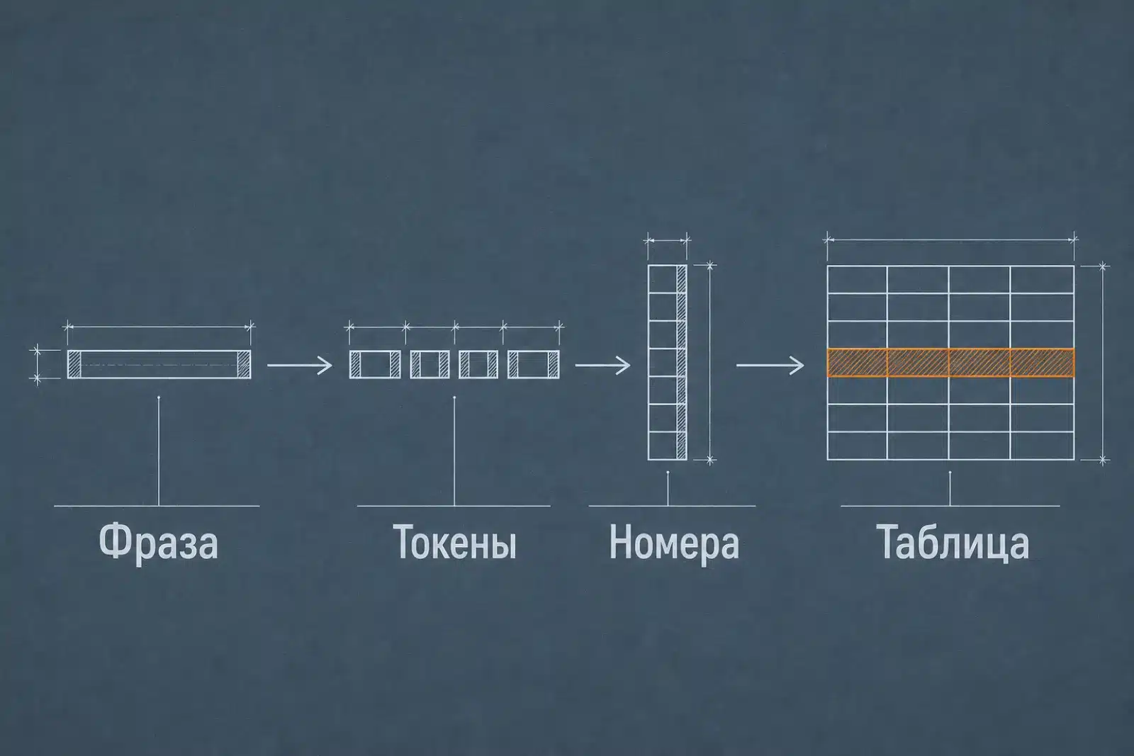 Схема: фраза режется на токены, токены получают номера, номера открывают строки в таблице эмбеддингов