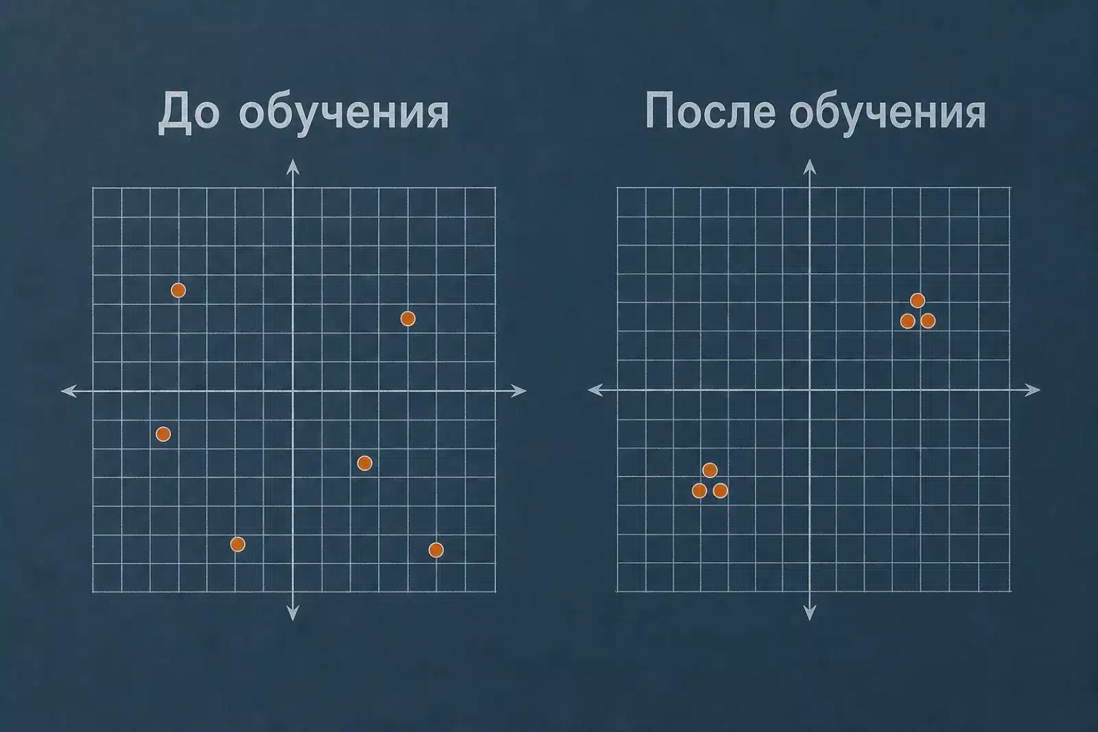 До обучения точки разбросаны случайно, после обучения эмбеддинги похожих слов собрались в группы