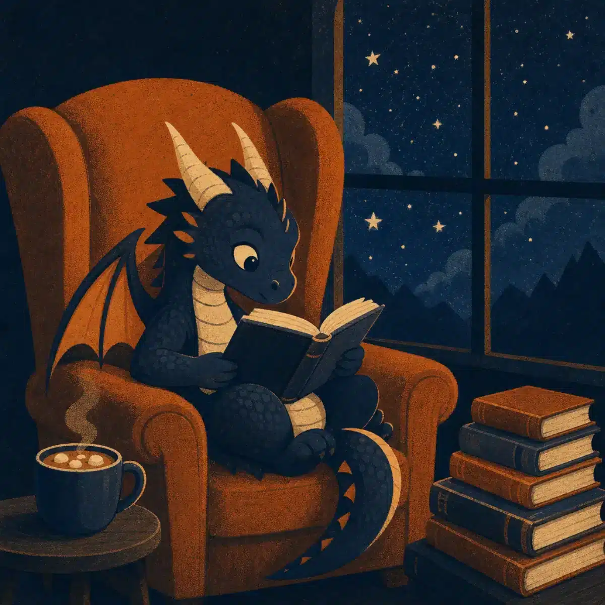 Результат промпта: дракончик читает книгу в кресле, плакатная иллюстрация в трёх цветах