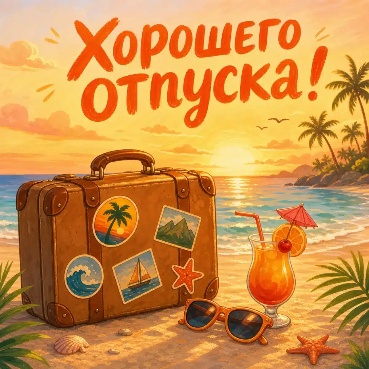 Результат промпта: открытка с чемоданом на пляже, коктейлем и надписью про отпуск
