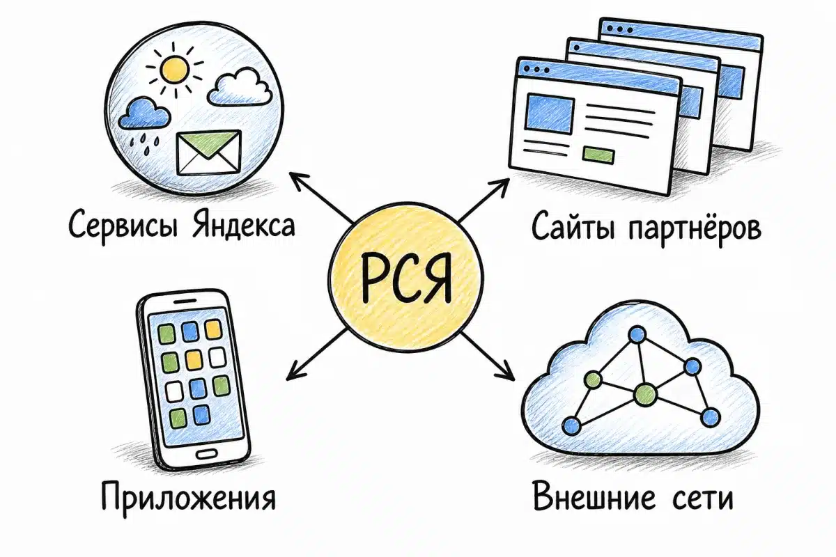 Из чего состоит сеть площадок РСЯ: сервисы Яндекса, сайты партнёров, мобильные приложения и внешние сети